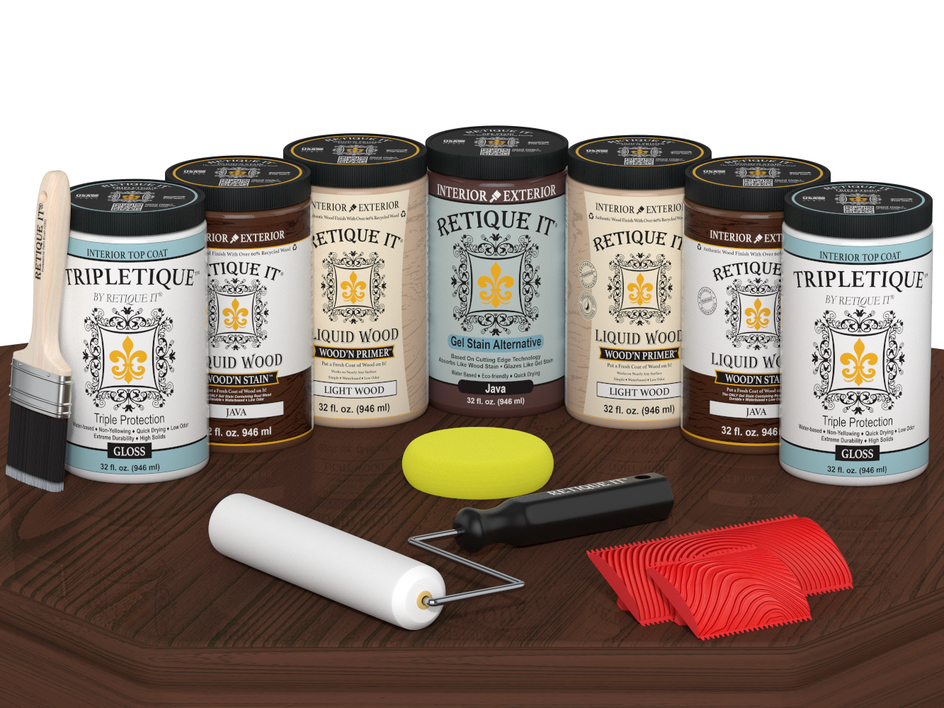 Retique It® Wood'n Cabinet Kit Java stain with 24 grained door panels, glossy finish, displayed on a table.