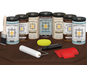 Retique It® Wood'n Cabinet Kit Java stain with 24 grained cabinet doors, matte finish, shown on a table.