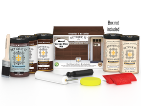 Retique It Classic Black Kit with Liquid Wood, Classic Black Gel Stain Alternative, Politique It Gloss Finish, yellow sponge, red graining tool, rollers, and brush.