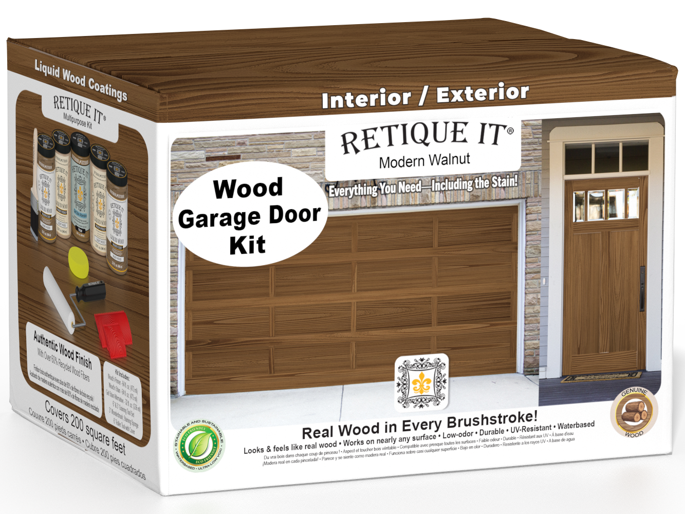 Retique It Wood'n Door Kit in Modern Walnut stain for front and garage doors, showcasing a stylish, natural wood finish.