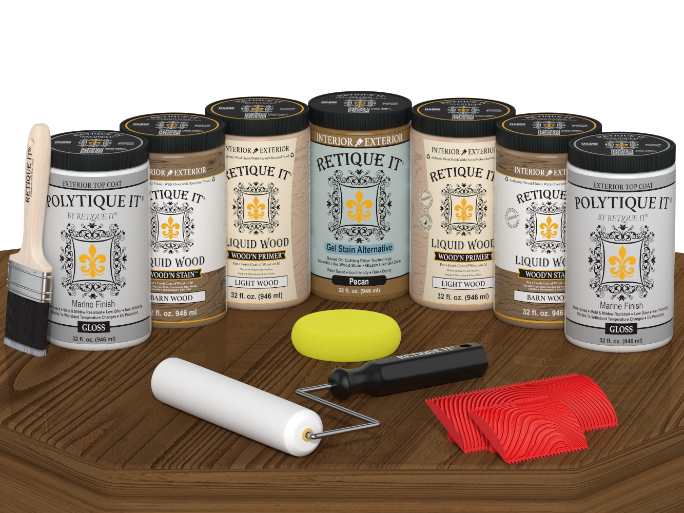 Retique It Wood'n Door Kit in Modern Walnut stain, featuring glossy finish for front and garage doors, displayed on a table.