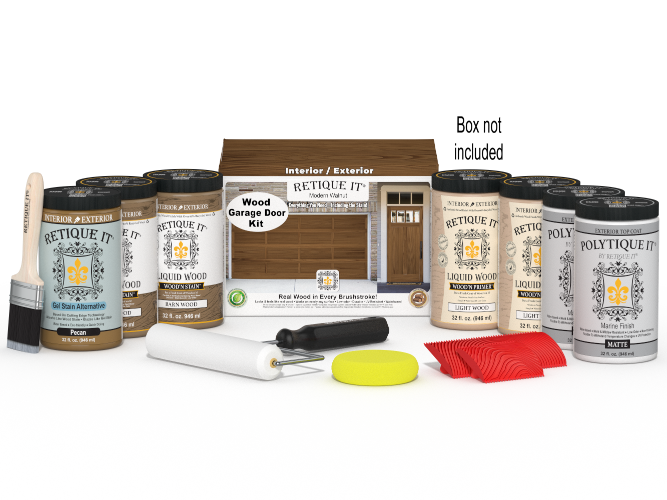 Retique It Wood'n Door Kit in Modern Walnut stain for front and garage doors, featuring natural wood finish and stain application.