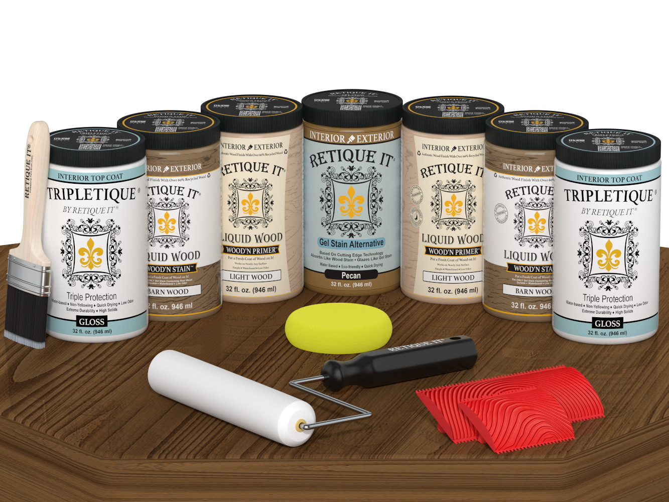 Retique It® Modern Walnut Wood Kit with primer, stains, gloss topcoat, brush, roller, yellow sponge, and red graining tools.