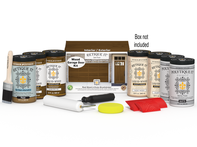 Retique It Wood'n Door Kit in Dark Pecan stain for front and garage doors, includes application tools and sample door panel.