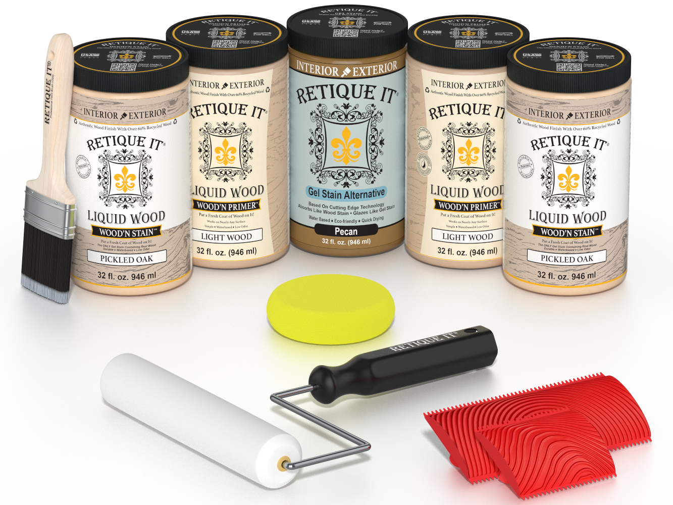 Retique It Pickled Oak Kit with Liquid Wood, Pecan Gel Stain Alternative, yellow sponge, red graining tool, roller, and brush.