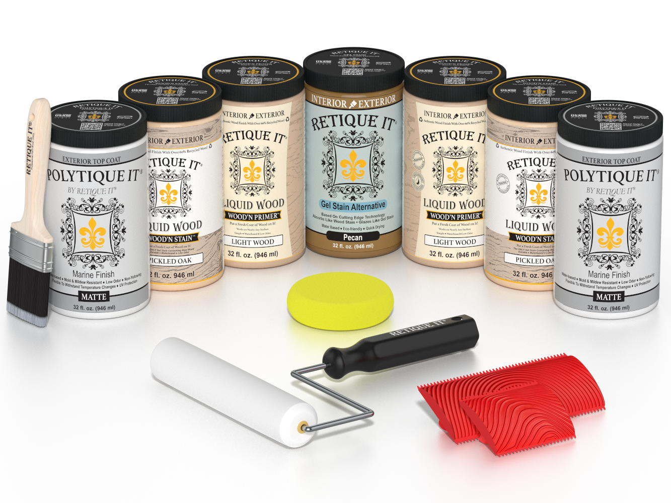Retique It Pickled Oak Kit with Liquid Wood, Pecan Gel Stain Alternative, Politique It Matte Finish, yellow sponge, red graining tool, roller, and brush.