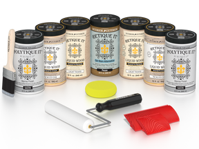 Retique It Pickled Oak Kit with Liquid Wood, Pecan Gel Stain Alternative, Politique It Satin Finish, yellow sponge, red graining tool, roller, and brush.