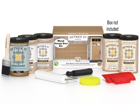 Retique It Pickled Oak Wood Garage Door Kit with Liquid Wood, Pecan Gel Stain Alternative, yellow sponge, red graining tool, roller, brush, and kit box.