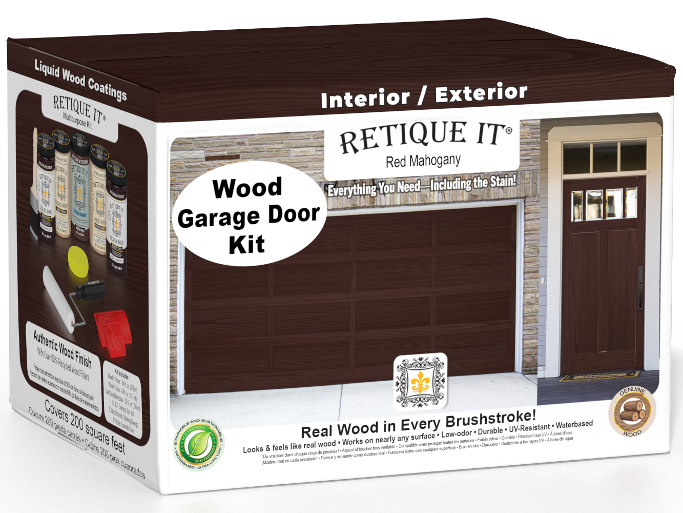 Retique It Red Mahogany Wood Garage Door Kit box featuring a garage door and entry door finished in Red Mahogany wood grain.