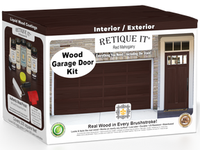 Retique It Red Mahogany Wood Garage Door Kit box featuring a garage door and entry door finished in Red Mahogany wood grain.