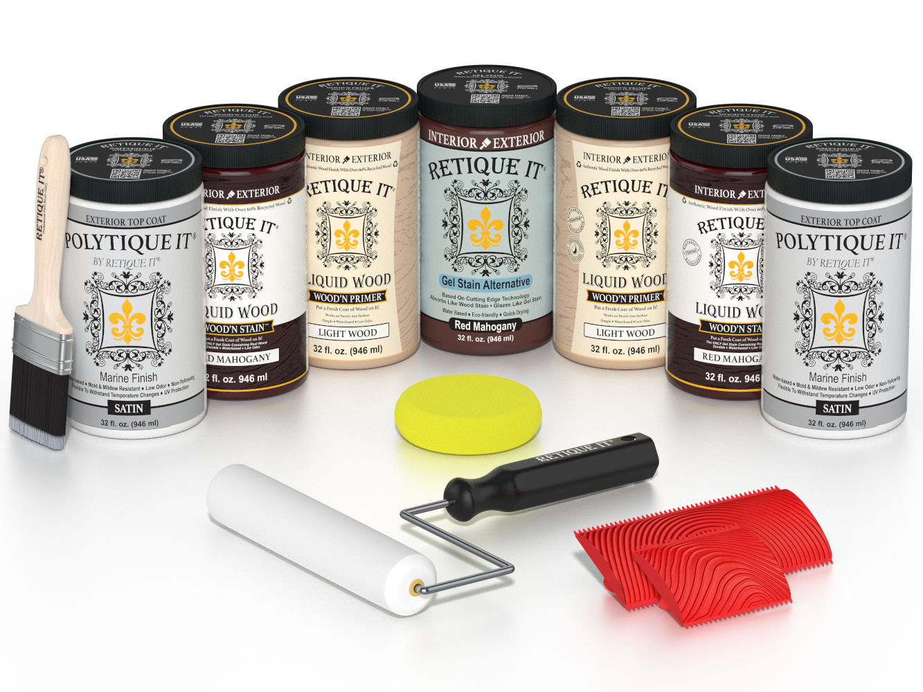Retique It Red Mahogany Wood'n Kit with Satin PolyTique It top coat, featuring Red Mahogany Liquid Wood stain, Light Wood primer, Red Mahogany Gel Stain Alternative, paint brush, white roller, yellow sponge, and red graining tools.