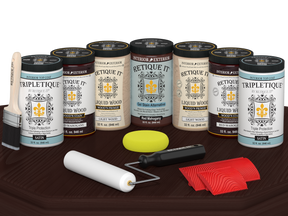 Retique It Wood'n Cabinet Kit in Red Mahogany stain with 24 grained cabinet doors, satin finish, shown on a table.