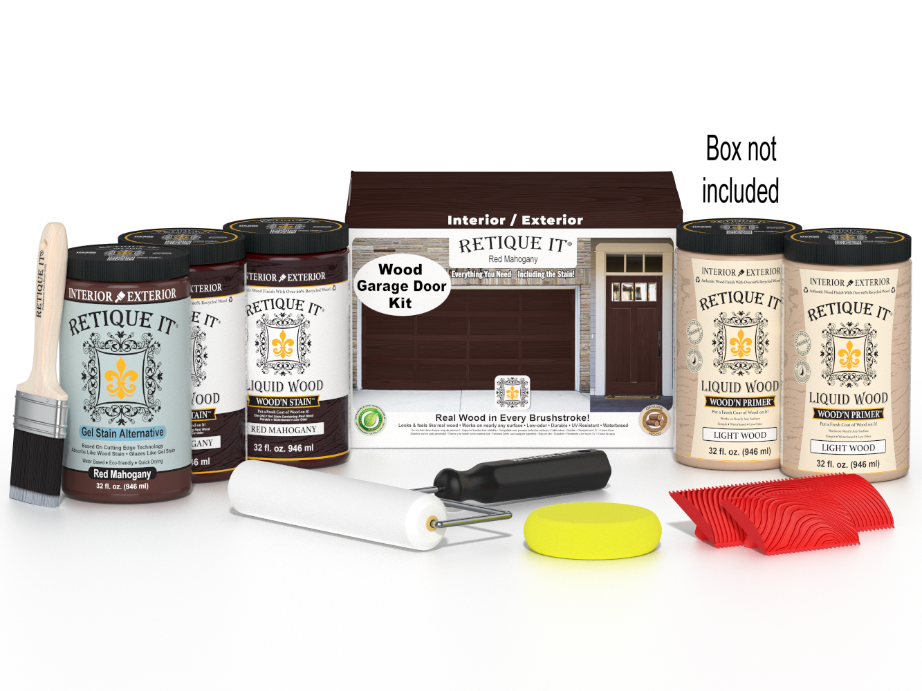 Retique It Red Mahogany Wood Garage Door Kit featuring Red Mahogany Liquid Wood stain, Light Wood primer, Red Mahogany Gel Stain Alternative, paint brush, white roller, yellow sponge, red graining tools, and product box.