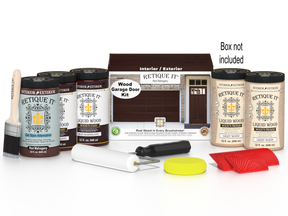 Retique It Red Mahogany Wood Garage Door Kit featuring Red Mahogany Liquid Wood stain, Light Wood primer, Red Mahogany Gel Stain Alternative, paint brush, white roller, yellow sponge, red graining tools, and product box.