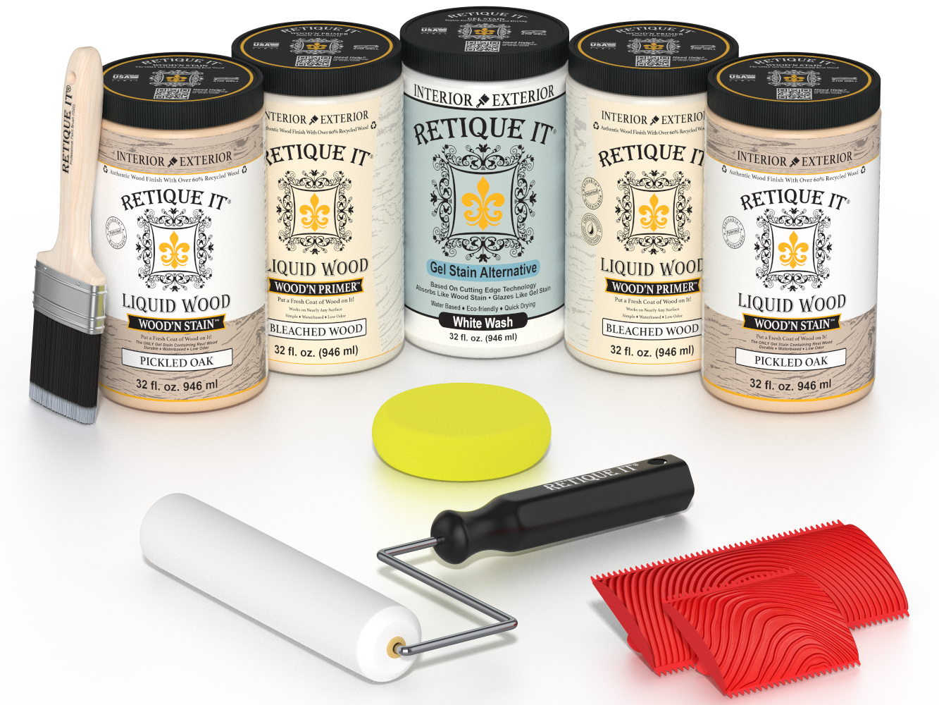 Retique It Sunbleached Wood Kit with Liquid Wood, White Wash Gel Stain Alternative, yellow sponge, red graining tool, roller, and brush.