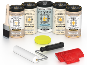 Retique It Sunbleached Wood Kit with Liquid Wood, White Wash Gel Stain Alternative, yellow sponge, red graining tool, roller, and brush.