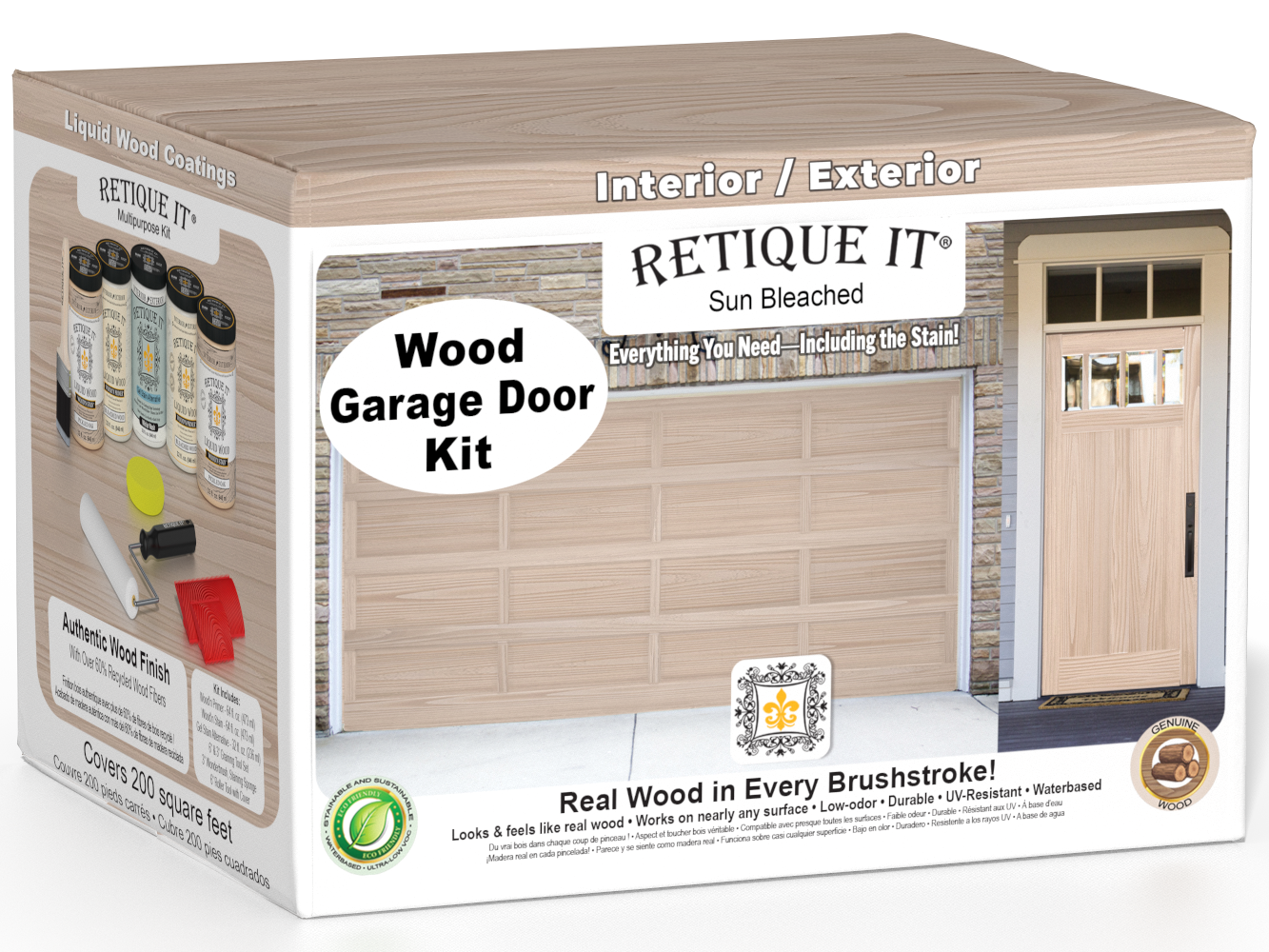 Retique It Sun Bleached Wood Garage Door Kit product box featuring a light weathered wood finish, wood-look garage door and entry door examples, interior/exterior use label, and included refinishing tools and coatings for creating a realistic wood appearance.