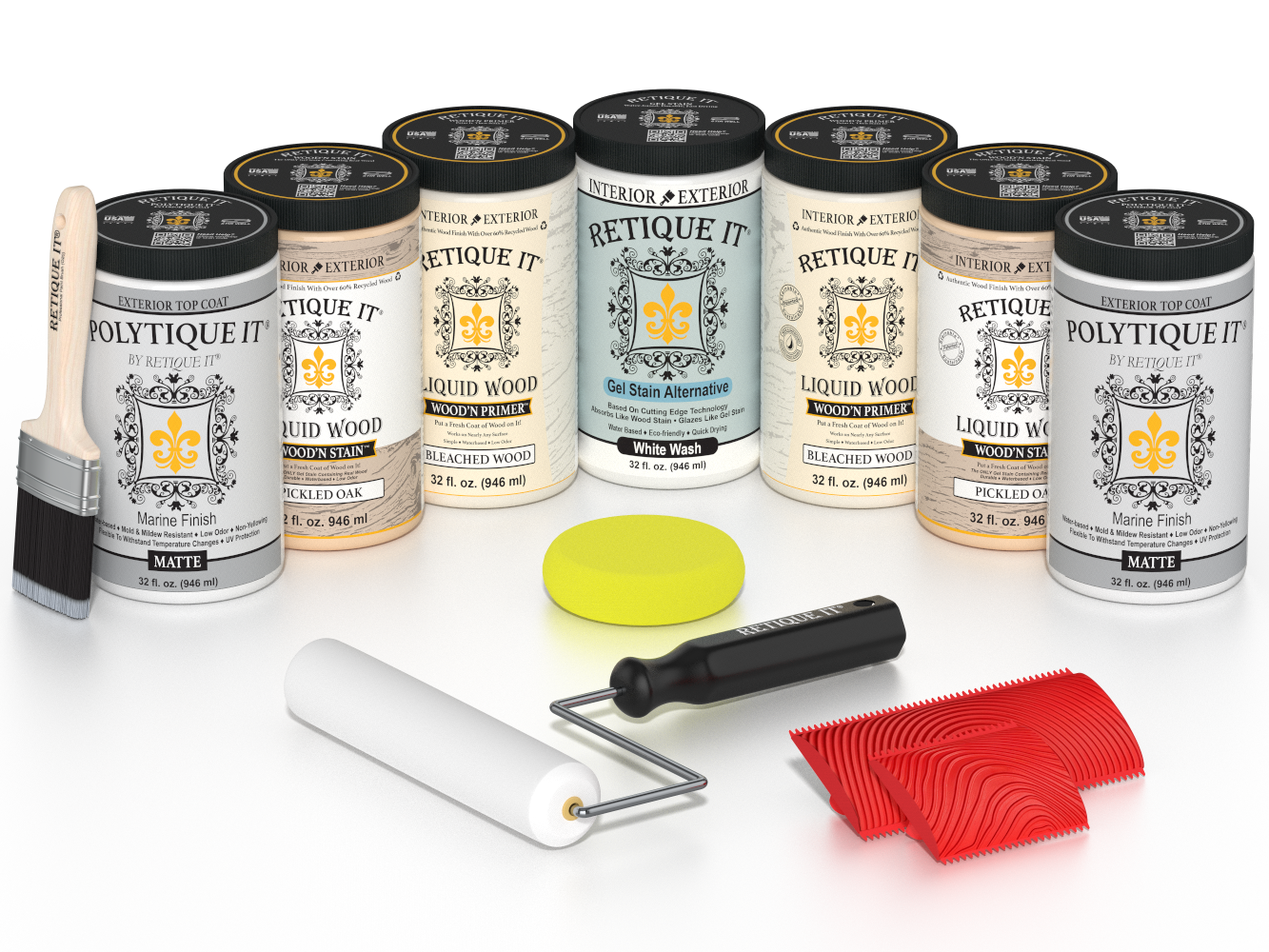 Retique It Sun Bleached finishing system with PolyTique It Matte top coat, featuring Liquid Wood Wood'n Primer in Bleached Wood, Liquid Wood Wood'n Stain in Pickled Oak, White Wash Gel Stain Alternative, paintbrush, roller, yellow sponge, red graining tools, and protective matte finish products for creating a weathered sun-bleached wood look.