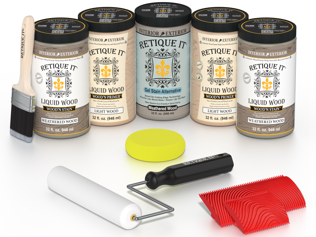 Retique It Weathered Wood Kit with Liquid Wood, Weathered Wood Gel Stain Alternative, yellow sponge, red graining tool, roller, and brush.