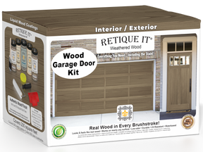 Retique It Weathered Wood Wood Garage Door Kit box featuring garage door and entry door wood finish transformation.