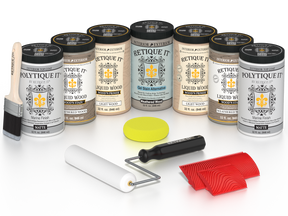 Retique It Weathered Wood Kit with Liquid Wood, Weathered Wood Gel Stain Alternative, Politique It Matte Finish, yellow sponge, red graining tool, roller, and brush.