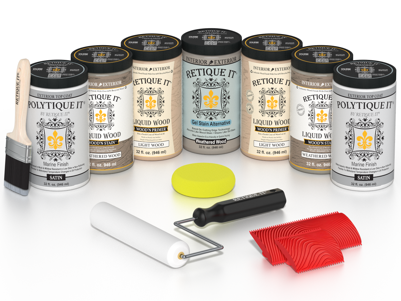 Retique It Weathered Wood Kit with Liquid Wood, Weathered Wood Gel Stain Alternative, Politique It Satin Finish, yellow sponge, red graining tool, roller, and brush.