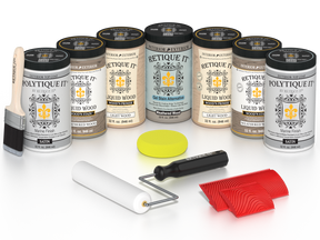 Retique It Weathered Wood Kit with Liquid Wood, Weathered Wood Gel Stain Alternative, Politique It Satin Finish, yellow sponge, red graining tool, roller, and brush.
