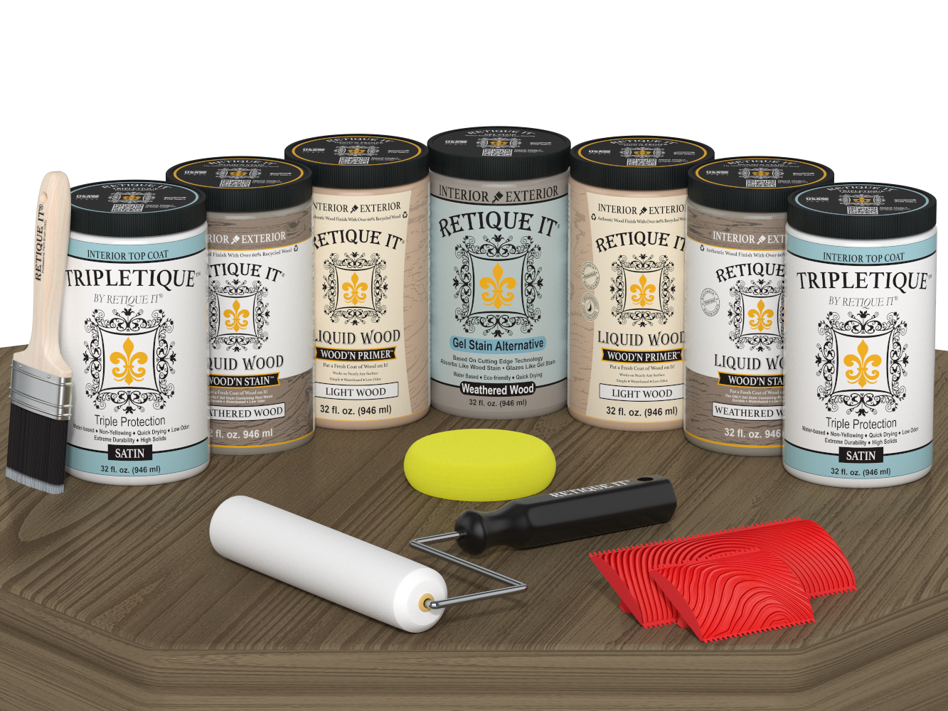 Retique It® Wood'n Cabinet Kit in Weathered Wood stain, 24-door grained cabinet sample with satin finish on a tabletop.