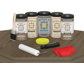 Weathered wood stain sample for Wood'n Cabinet Kit by Retique It®, showcasing natural grain and weathered finish on a wooden surface.