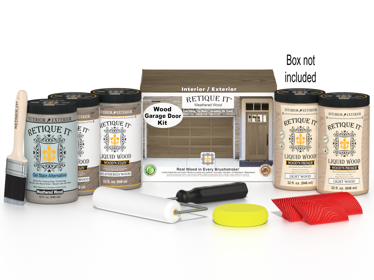 Retique It Weathered Wood Wood Garage Door Kit with Liquid Wood, Weathered Wood Gel Stain Alternative, yellow sponge, red graining tool, roller, brush, and kit box.