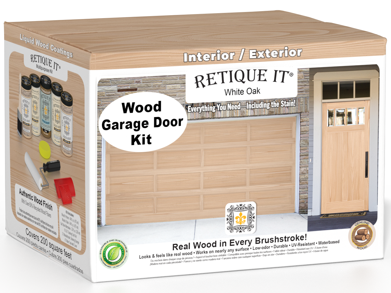Retique It White Oak Wood Garage Door Kit box featuring garage door and entry door wood finish transformation.