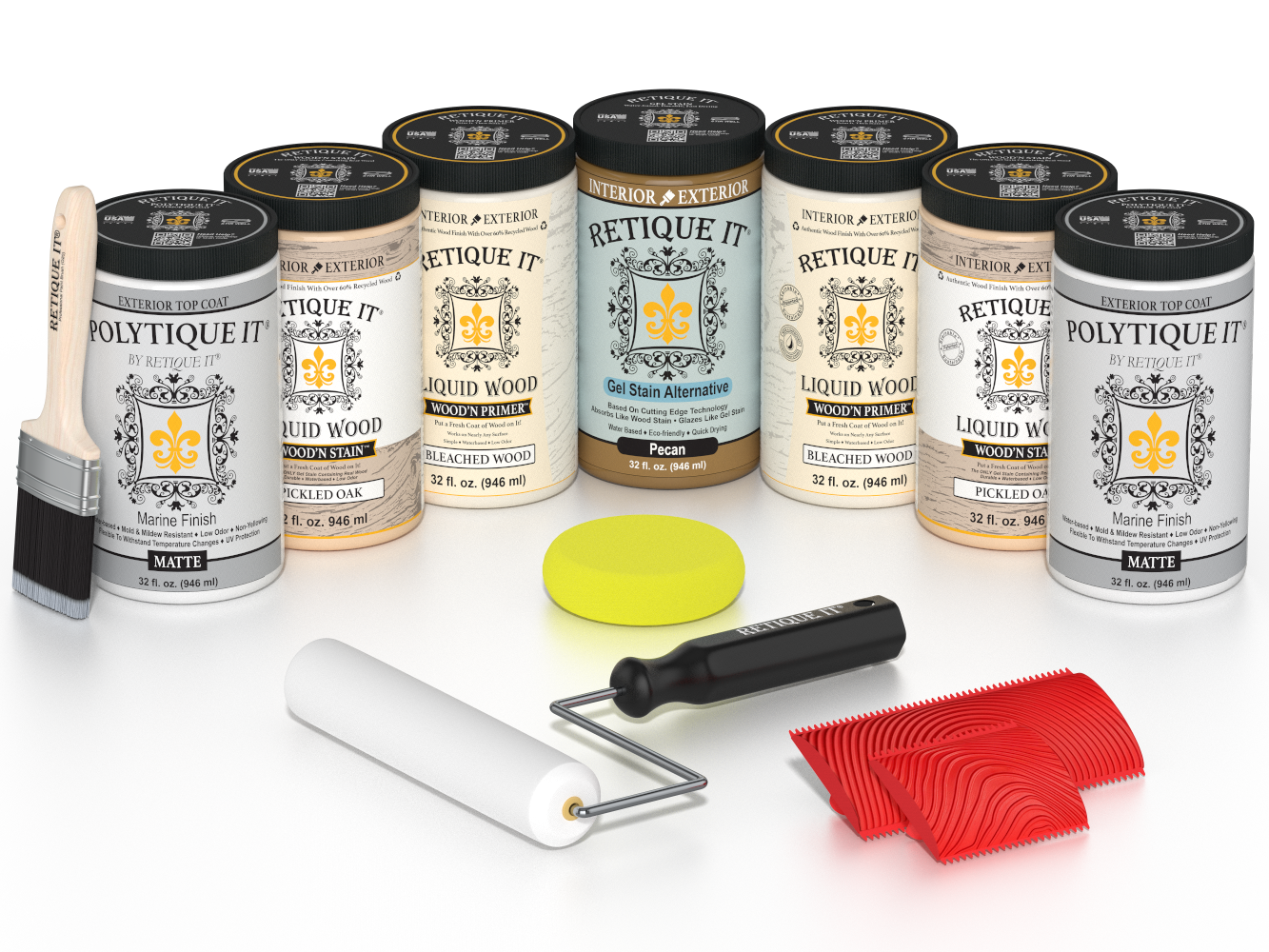 Retique It White Oak Kit with Liquid Wood, Pecan Gel Stain Alternative, Politique It Matte Finish, yellow sponge, red graining tool, roller, and brush.
