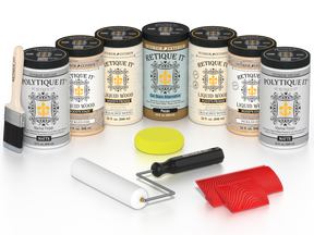 Retique It White Oak Kit with Liquid Wood, Pecan Gel Stain Alternative, Politique It Matte Finish, yellow sponge, red graining tool, roller, and brush.