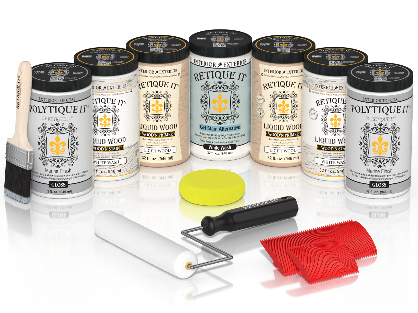 Retique It White Wash Kit with Liquid Wood, White Wash Gel Stain Alternative, Politique It Gloss Finish, yellow sponge, red graining tool, rollers, and brush.