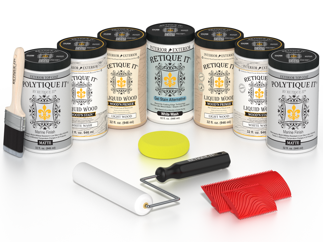 Retique It® Wood'n Door Kit in White Wash stain, featuring front and garage door stain samples on a matte finish.
