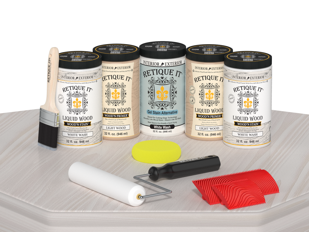 Retique It White Wash Kit with Liquid Wood, White Wash Gel Stain Alternative, yellow sponge, red graining tool, roller, and brush.