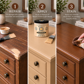 Three-step cabinet refinishing guide: repair damage, apply Retique It Wood’n Primer in Light Wood, then apply wood stain.