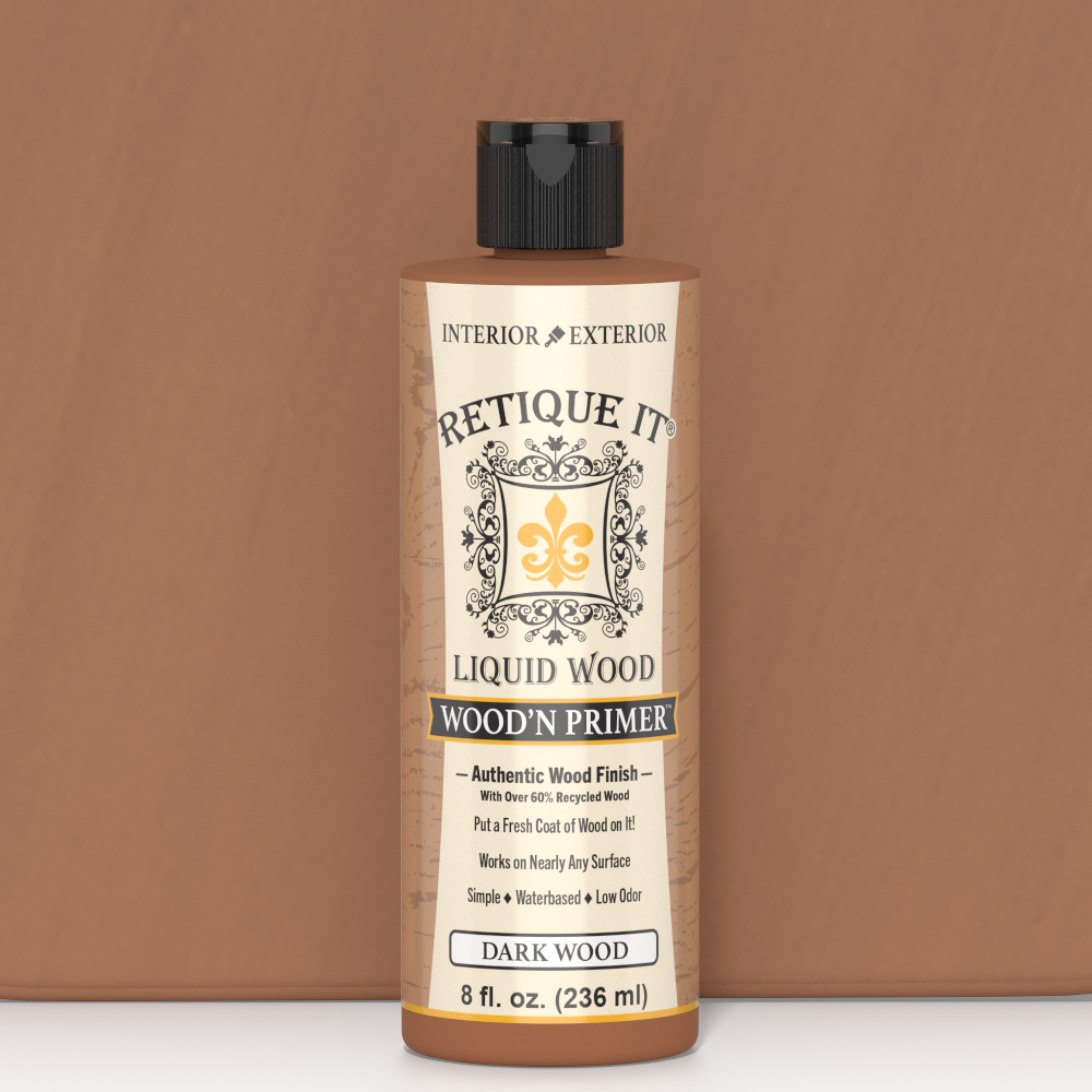 Swatch of Retique It® Liquid Wood Wood'n Primer in Dark Wood, 8 fl oz, showing the deep, rich wood color and texture.