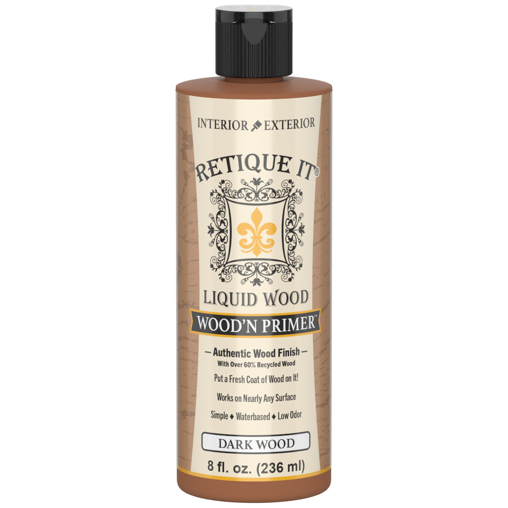 Dark wood primer by Retique It® Wood'n Primer in dark wood finish, designed to prepare surfaces for staining or painting.
