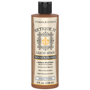 Dark wood primer by Retique It® Wood'n Primer in dark wood finish, designed to prepare surfaces for staining or painting.