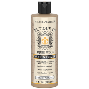 Retique It® Liquid Wood Wood'n Primer in Light Wood, 8 fl oz, showing the primer container and sample of light wood finish.