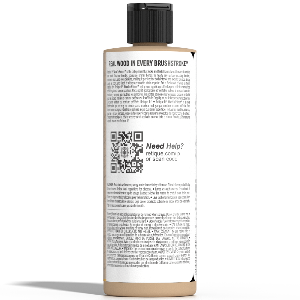 Retique It® Liquid Wood Wood'n Primer in light wood finish, 8 fl oz, showing the primer applied on a surface for wood projects.