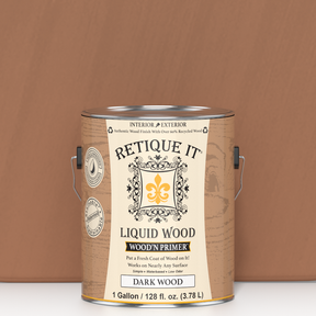 Dark wood Liquid Wood Wood'n Primer by Retique It® in a 128 fl oz container, shown as a sample swatch for wood surface preparation.