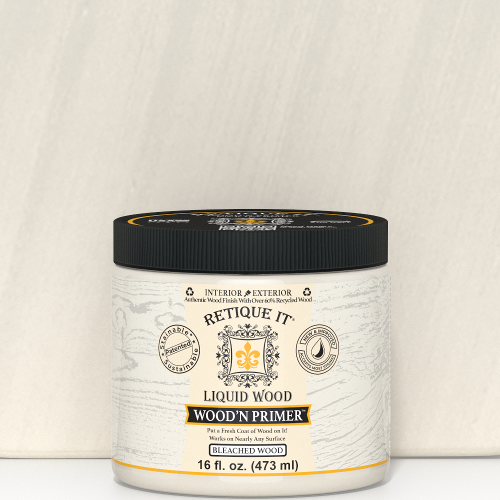 Retique It Liquid Wood Wood'n Primer in Bleached Wood, 16 fl oz, showing the primer application on wood surface.