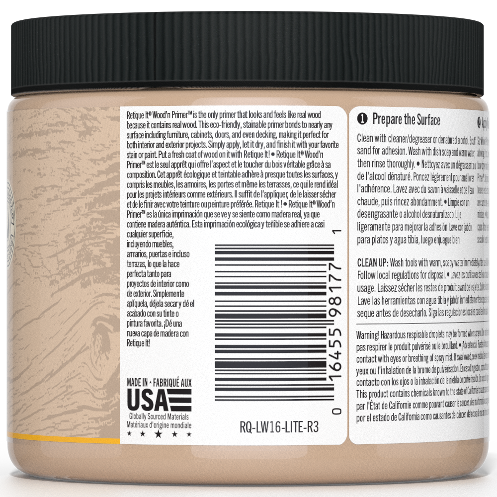 Retique It® Liquid Wood Wood'n Primer in Light Wood, 16 fl oz bottle, ready to prepare surfaces for wood finishing projects