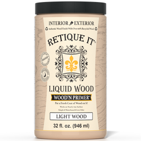 Retique It® Liquid Wood Wood'n Primer in Light Wood, 32 fl oz, showing the primer bottle with label and light wood finish.