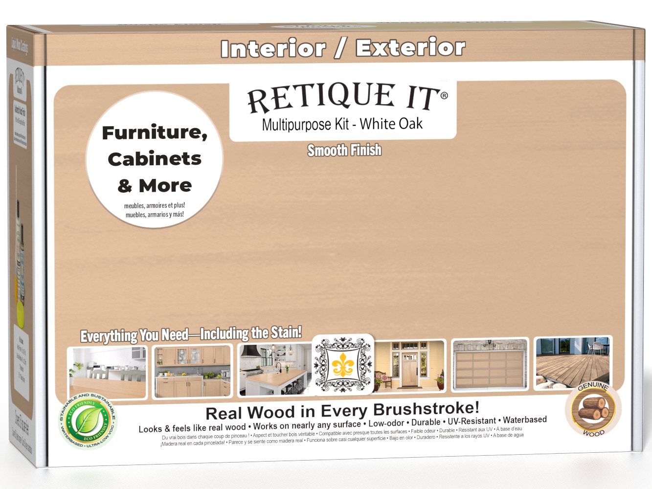 Retique It® White Oak Multi-purpose Smooth Finish Kit for interior wood projects, including top coat and matte finish.