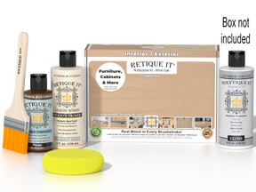 Retique It® White Oak Multi-purpose Smooth Finish Kit for exterior wood with gloss top coat, includes application tools.