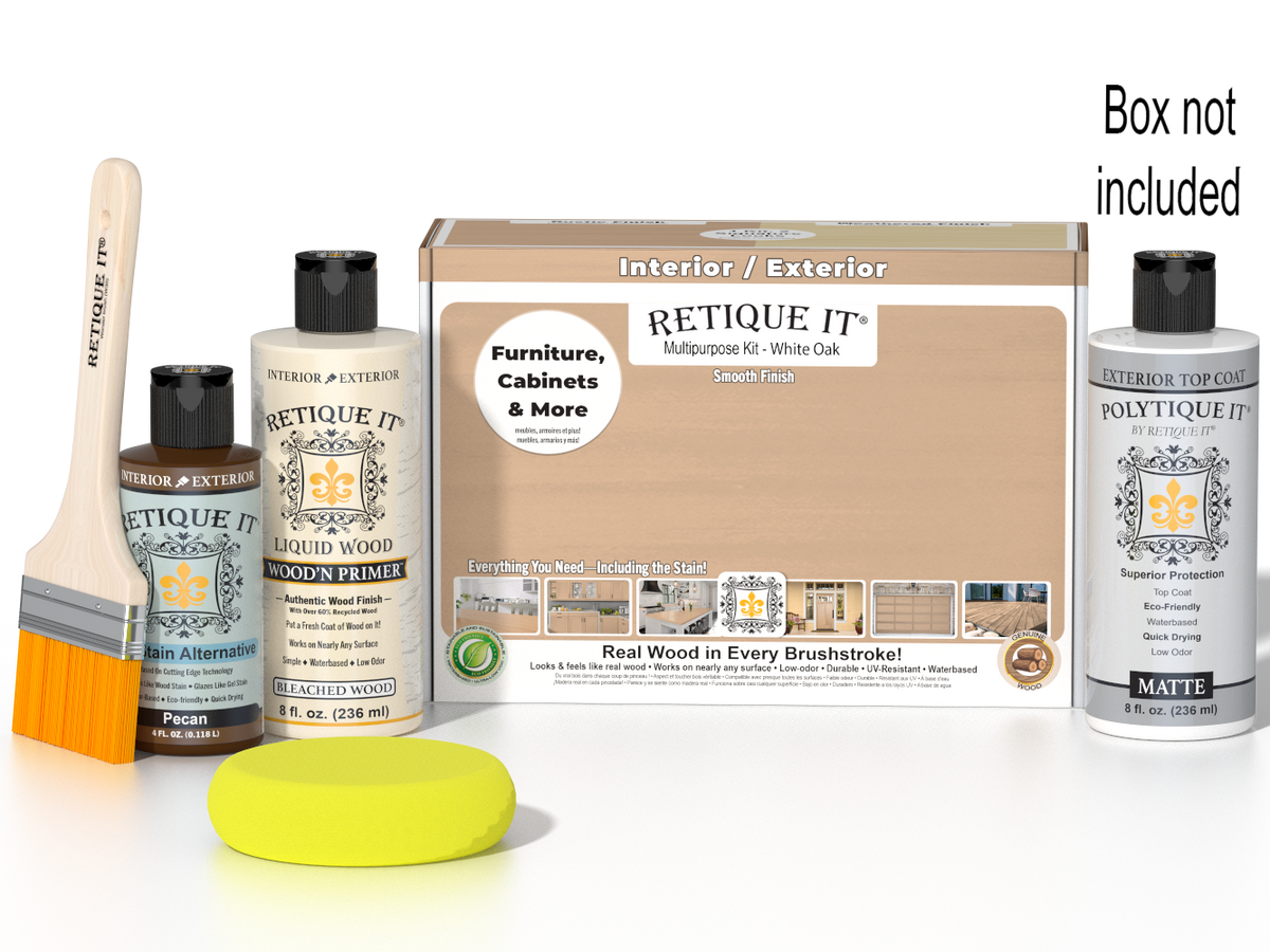 Retique It® Multi-purpose Smooth Finish Kit in White Oak for exterior use, includes top coat and matte wood finish components.