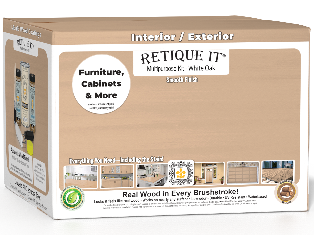 Retique It® Wood'n Finish Kits White Oak exterior top coat with four large containers in a multi-purpose smooth finish kit.